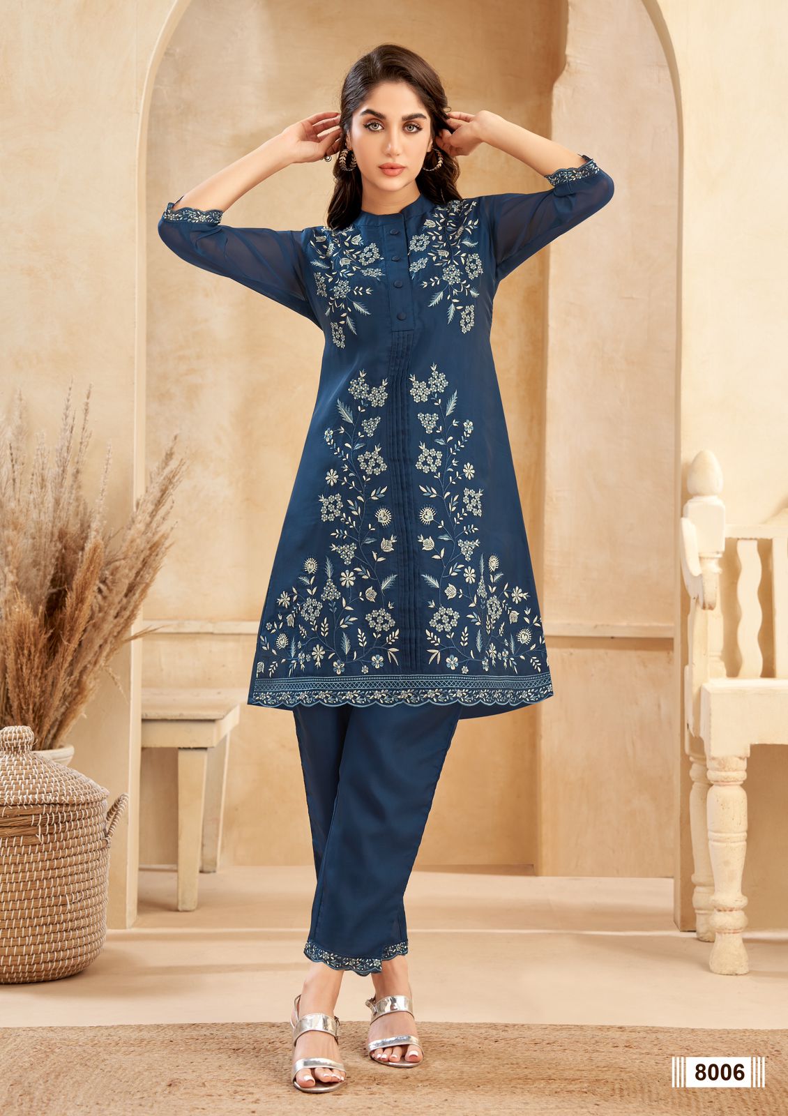8006 Four Roses Embroidery Organza Designer Kurti With Bottom Wholesale Market